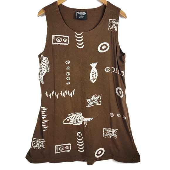 Exist Sports Line T-Shirt Dress Size Large Brown Fish Print Used Vintage 90s - Picture 1 of 4